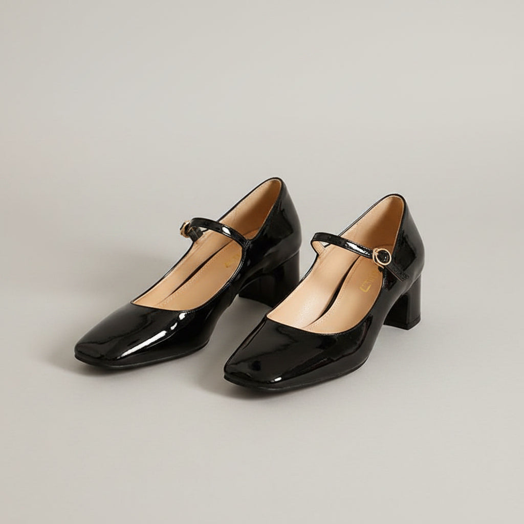 Burgundy bright leather strap square toe shoes for women.........