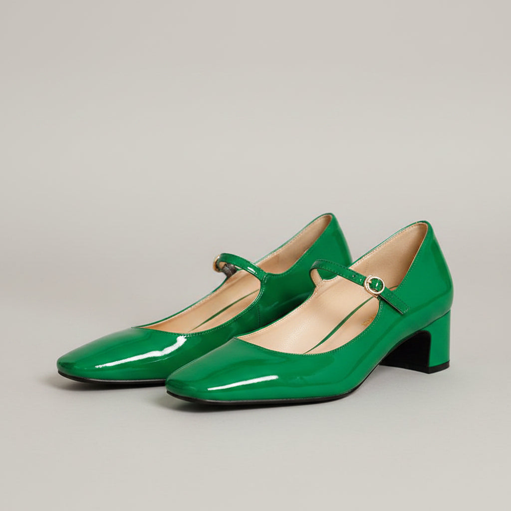 Burgundy bright leather strap square toe shoes for women......