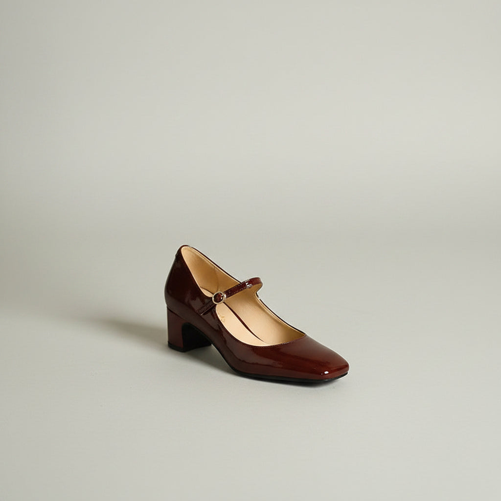 Burgundy bright leather strap square toe shoes for women.....
