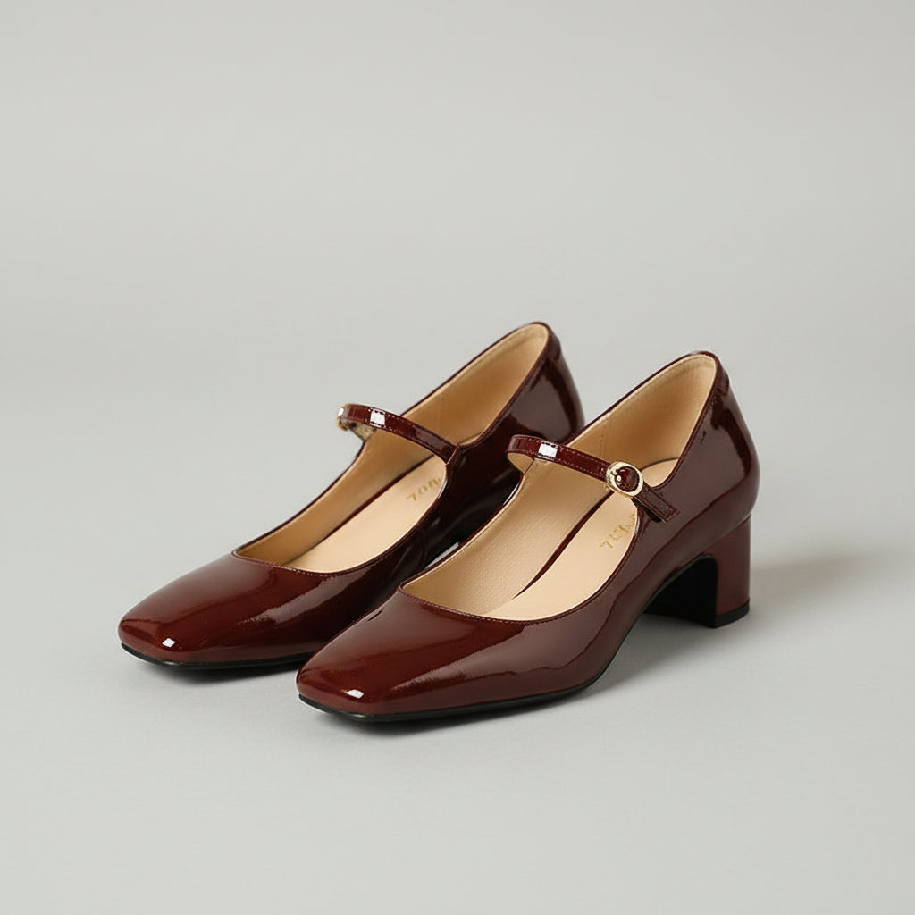 Burgundy bright leather strap square toe shoes for women....