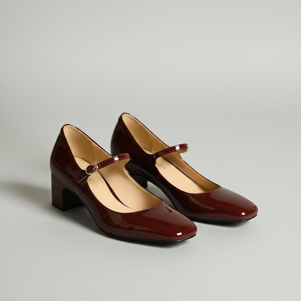 Burgundy bright leather strap square toe shoes for women...