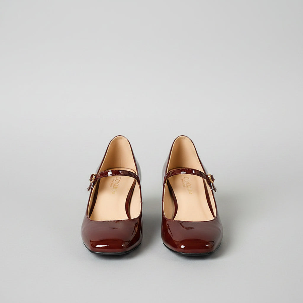Burgundy bright leather strap square toe shoes for women..