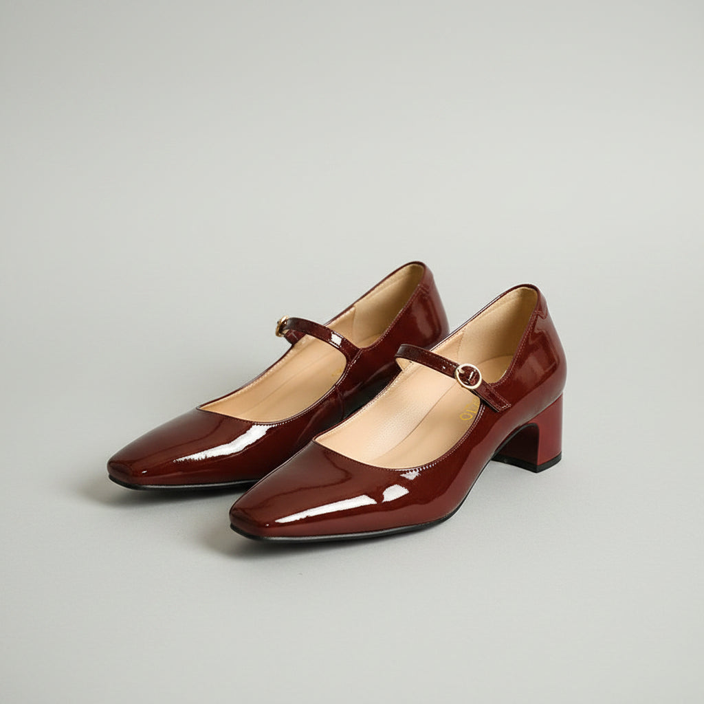 Burgundy bright leather strap square toe shoes for women.