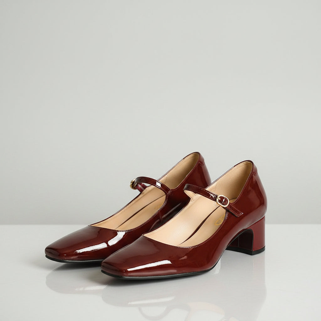 Burgundy bright leather strap square toe shoes for women